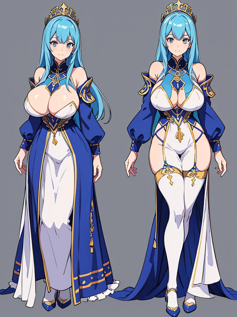 cute, standing lady, three view drawing, front and back and side,full body,simple background,dancer,long hair,blue print,big tits