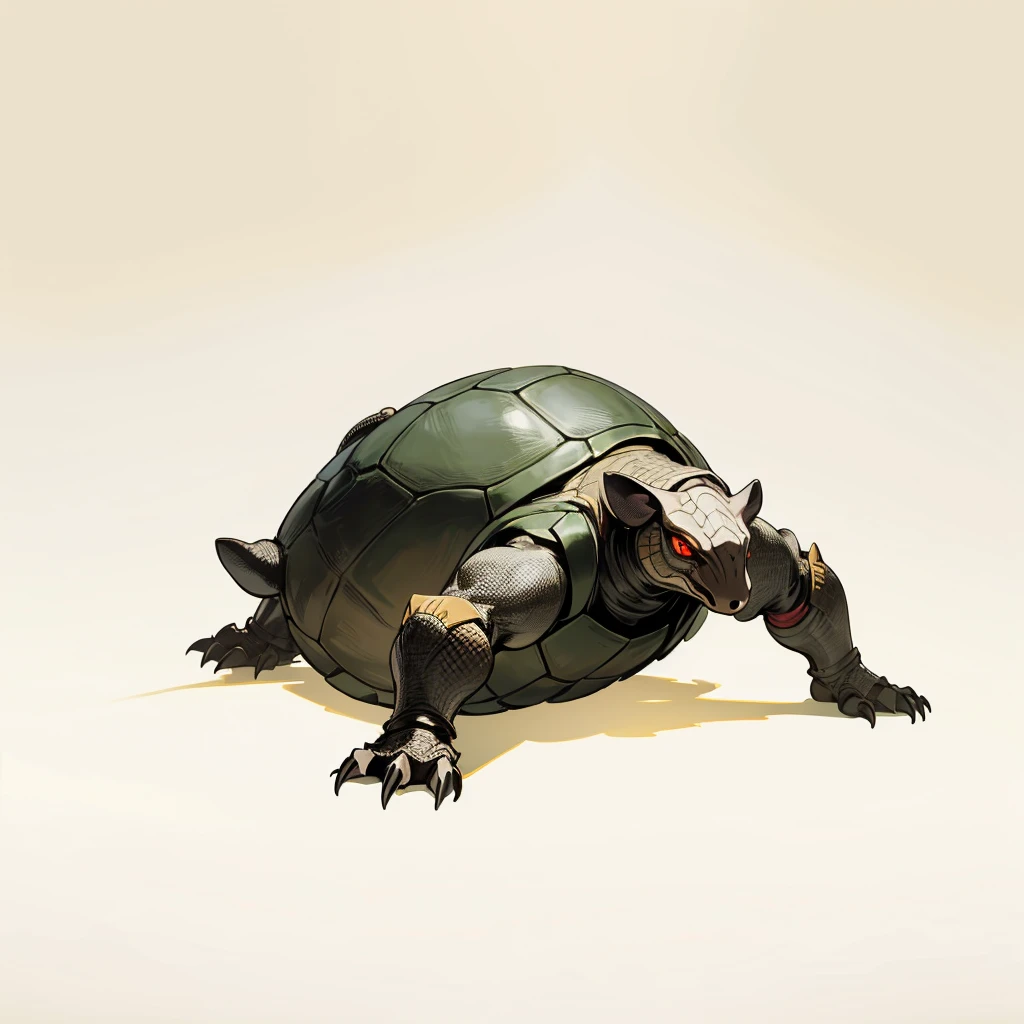 (Random Evolution, Colossal turtle mixed with big Armadillo), armor Titan, full body version, yellow and black color skins, (his body stands straight), (tall), (full red eyes), (Grassroots), no background