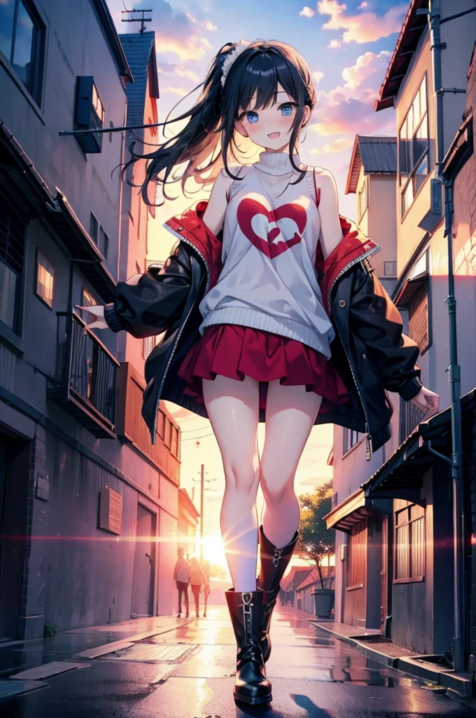 Rikka body, Affluent backstreets, Black Hair, blue eyes, Long Hair, rist scrunchie,happy smile, smile, Open your mouth,blush,Oversized red one-shoulder sweater,mini skirt,short boots,Walking,So that the whole body goes into the illustration,morning,morning陽,The sun is rising,
Destroy outdoors, Building district,
壊す looking at viewer, Systemic
break (masterpiece:1.2), Highest quality, High resolution, unity 8k wallpaper, (figure:0.8), (Beautiful attention to detail:1.6), Highly detailed face, Perfect lighting, Highly detailed CG, (Perfect hands, Perfect Anatomy),