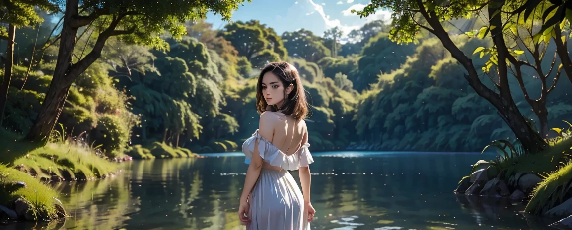 young beautiful girl adventurer，face to screen, minimum clothing, mystical forest, in the clearing, clearing in the sun, lagoon, dreamy scene, National Geographic, in a serene landscape, Mystical scene, Mysterious lake, Beautiful jungle, mystical setting, Beautiful setting, Tranquil environment, early morning light, Awesome atmosphere, Morning River, enchanting and otherworldly, lost in a dreamy fairytale landscape, many colors, colorful birds, jaguar next to a girl