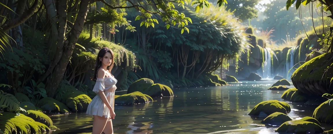 young beautiful girl adventurer,face to screen, minimum clothing, mystical forest, in the clearing, clearing in the sun, lagoon, dreamy scene, National Geographic, in a serene landscape, Mystical scene, Mysterious lake, Beautiful jungle, mystical setting, Beautiful setting, Tranquil environment, early morning light, Awesome atmosphere, Morning River, enchanting and otherworldly, lost in a dreamy fairytale landscape, many colors, colorful birds, jaguar next to a girl