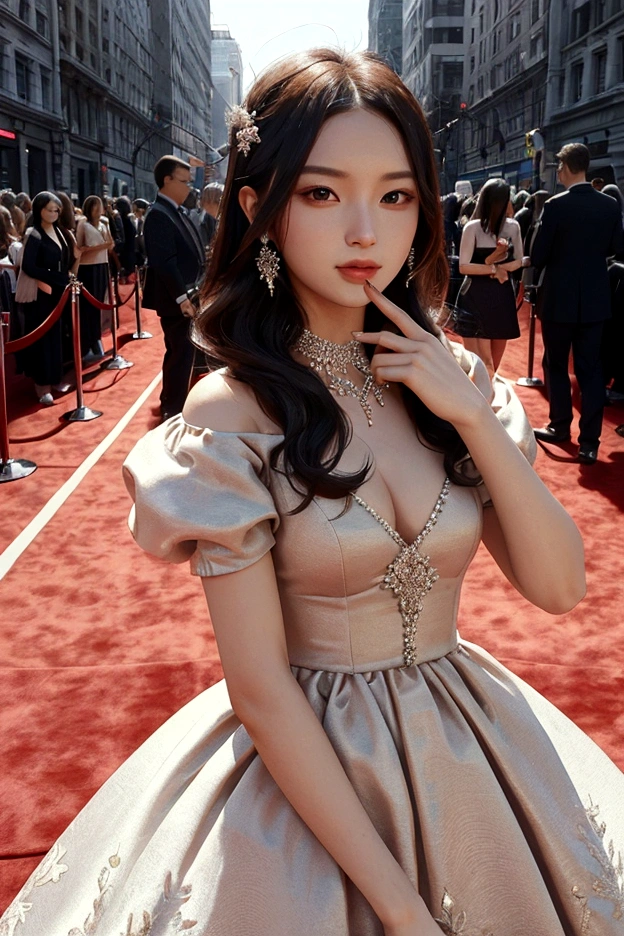 1 woman, 1 man, ideal , dress, Red carpet background, couple, Instagram Filter,