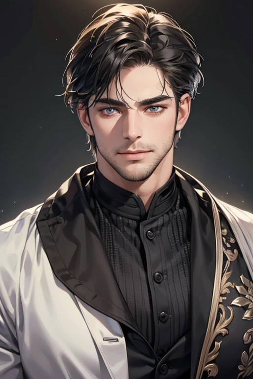 (best quality,4k,8k,highres,masterpiece:1.2),ultra-detailed,(realistic,photorealistic,photo-realistic:1.37),30 year old man,3 day beard,handsome anime,portraits,strong,masculine,dark hair,sharp jawline,mesmerizing eyes,perfectly styled hair,cool anime outfit,confident expression,vibrant colors,dynamic lighting, CEO and expression smile in love.