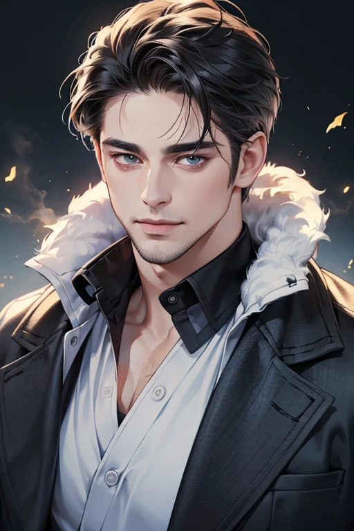 (best quality,4k,8k,highres,masterpiece:1.2),ultra-detailed,(realistic,photorealistic,photo-realistic:1.37),30 year old man,3 day beard,handsome anime,portraits,strong,masculine,dark hair,sharp jawline,mesmerizing eyes,perfectly styled hair,cool anime outfit,confident expression,vibrant colors,dynamic lighting, CEO and expression smile in love.
