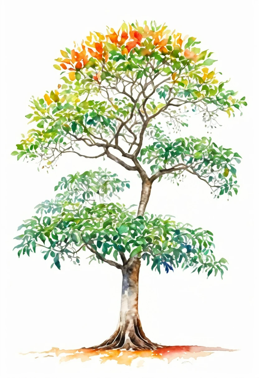 watercolor of A CEIBA TREE unique beautifull image vivid colors white background