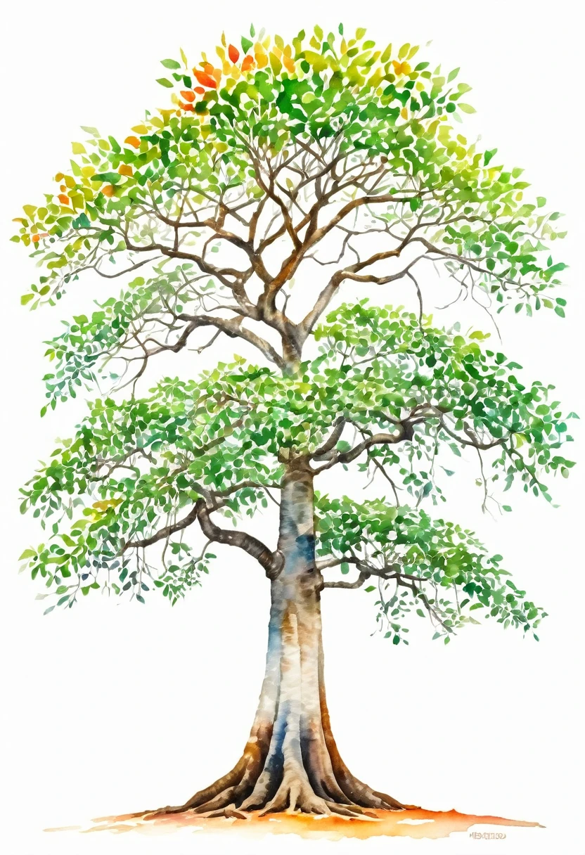 watercolor of A CEIBA TREE unique beautifull image vivid colors white background
