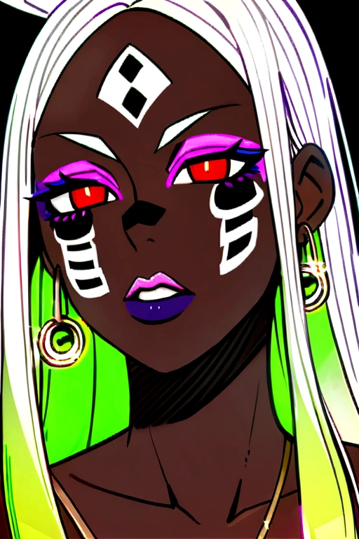 masterpiece, high res, 4k, best quality, beautiful face, detailed face, ultra-detailed, 1girl, solo, long hair, black background, neon glow, emerald green gradient hair, purple highlights, hoop earrings, dark-skinned female, tattoo, colored skin, BREAK, (yamanba, white facepaint makeup:1.3), face stickers, pursed green lips, parted lips, eyeshadow, very dark skin, makeup,(metallic glitter) jewelry, white face tattoo, large intricate hair accessories, brown skin, mirkomha, rabbit ears, red eyes, white hair, very long hair,  fur collar, dark skin, dark-skinned female fellatrix style 
