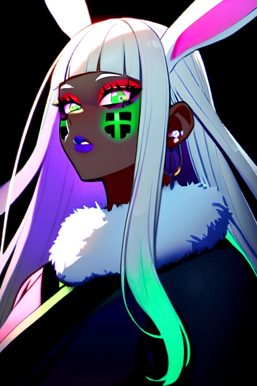 masterpiece, high res, 4k, best quality, beautiful face, detailed face, ultra-detailed, 1girl, solo, long hair, black background, neon glow, emerald green gradient hair, purple highlights, hoop earrings, dark-skinned female, tattoo, colored skin, BREAK, (yamanba, white facepaint makeup:1.3), face stickers, pursed green lips, parted lips, eyeshadow, very dark skin, makeup,(metallic glitter) jewelry, white face tattoo, large intricate hair accessories, brown skin, mirkomha, rabbit ears, red eyes, white hair, very long hair,  fur collar, dark skin, dark-skinned female fellatrix style 
