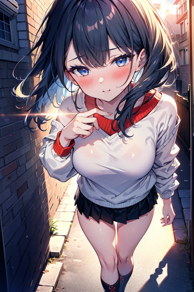 Rikka body, Affluent backstreets, Black Hair, blue eyes, Long Hair, rist scrunchie,happy smile, smile, Open your mouth,blush,Oversized red one-shoulder sweater,mini skirt,short boots,Walking,So that the whole body goes into the illustration,morning,morning陽,The sun is rising,
Destroy outdoors, Building district,
壊す looking at viewer, Systemic
break (masterpiece:1.2), Highest quality, High resolution, unity 8k wallpaper, (figure:0.8), (Beautiful attention to detail:1.6), Highly detailed face, Perfect lighting, Highly detailed CG, (Perfect hands, Perfect Anatomy),