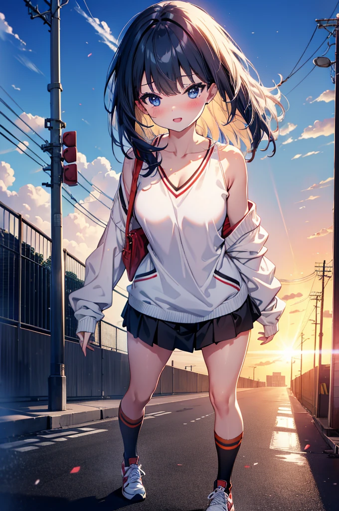 Rikka body, Affluent backstreets, Black Hair, blue eyes, Long Hair, rist scrunchie,happy smile, smile, Open your mouth,blush,Oversized red one-shoulder sweater,mini skirt,short boots,Walking,So that the whole body goes into the illustration,morning,morning陽,The sun is rising,
Destroy outdoors, Building district,
壊す looking at viewer, Systemic
break (masterpiece:1.2), Highest quality, High resolution, unity 8k wallpaper, (figure:0.8), (Beautiful attention to detail:1.6), Highly detailed face, Perfect lighting, Highly detailed CG, (Perfect hands, Perfect Anatomy),