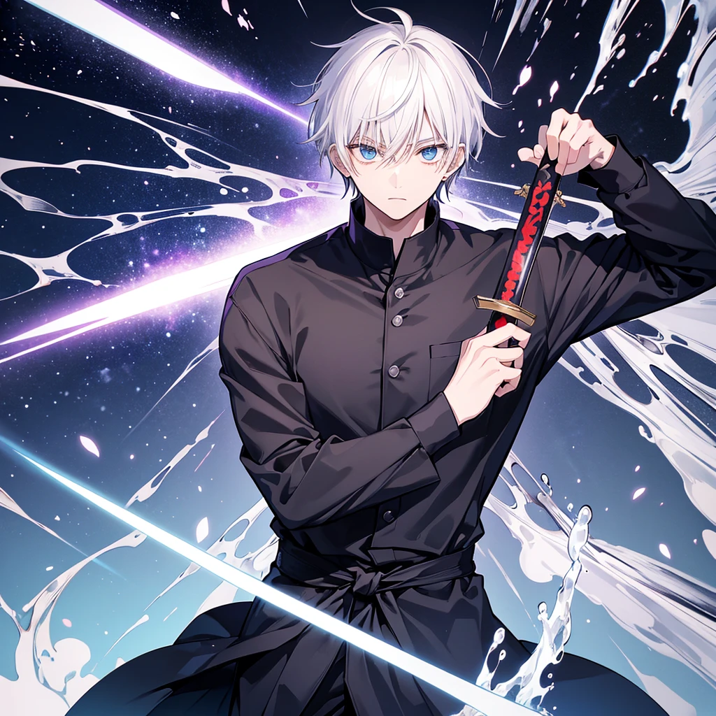 create a black Jujutsu no kaisen manga style image with a young male character extremely similar to Gaku from the Sakamoto Days manga, ele tem cabelo curto fe cor ciano claro e um capuz azul escuro quase preto, e olhos pretos, He wears red earrings and he is holding a heavy sword, he is extremely handsome and stylish, a imagem detalha bem ele, he is anime style.