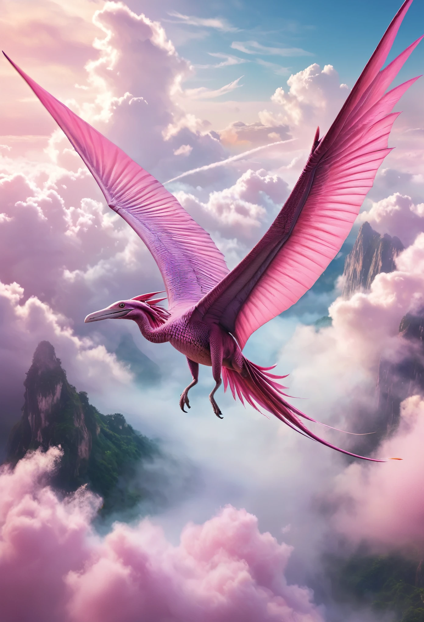 cinematic, detailed_pink_pterodactyl, flying_pterodactyl, soaring_through_clouds, dreamlike_fantasy_scene, ethereal_atmosphere, delicate_pastel_colors, dramatic_lighting, whimsical_composition, serene_and_tranquil, soft_focus_background, dramatic_scale_and_depth, vibrant_and_vivid_colors, detailed_feather_textures, graceful_wing_movements, majestic_and_powerful_presence, magical_and_mystical_vibes, beautiful_natural_scenery, awe-inspiring_and_breathtaking, highly_detailed_and_realistic
