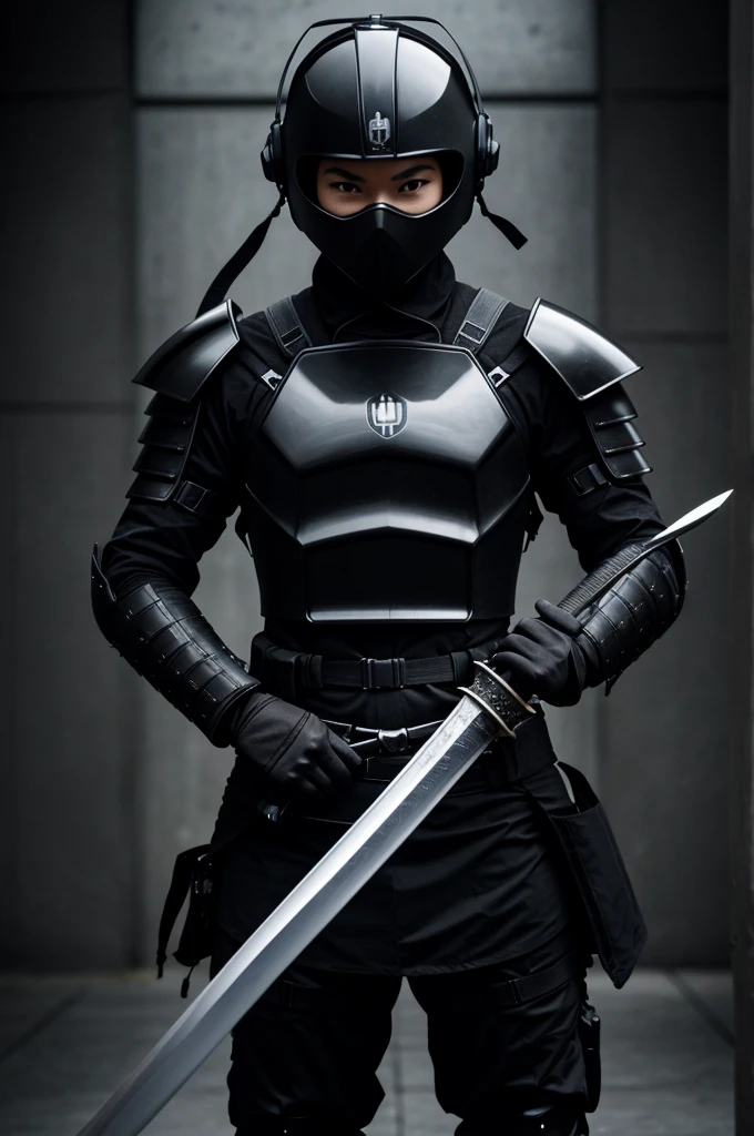 Un héro avec un casque noir et une armure noir et deux katana versions technologie