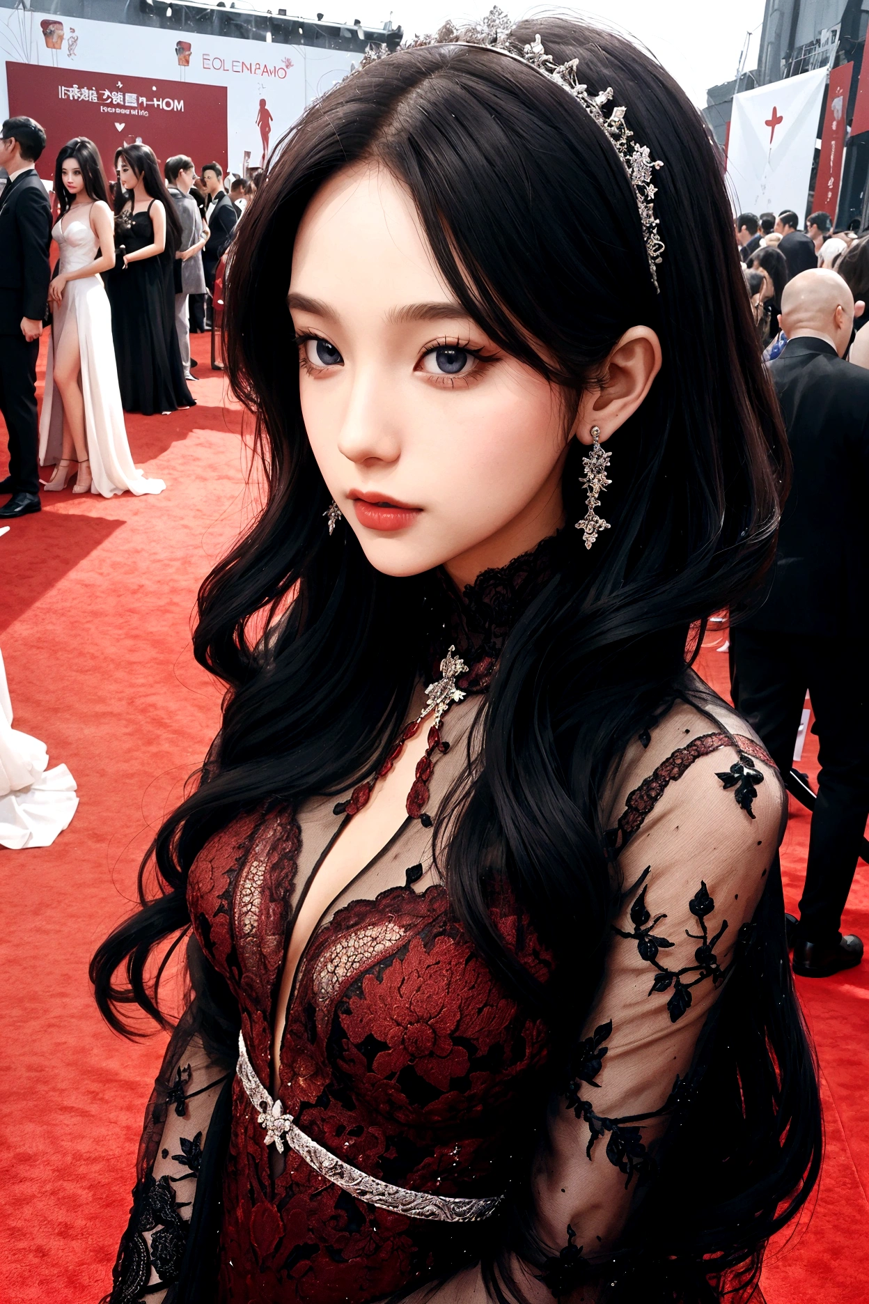 1 woman, 1 man, ideal , dress, Red carpet background, couple, Instagram Filter,