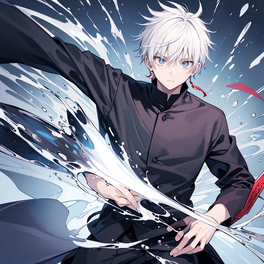 create a black and white Jujutsu no kaisen manga style image with a young male character extremely similar to Gaku from the Sakamoto Days manga, ele tem cabelo curto fe cor ciano claro e um capuz azul escuro quase preto, e olhos pretos, He wears red earrings and he is holding a heavy sword, he is extremely handsome and stylish, a imagem detalha bem ele, he is anime style.