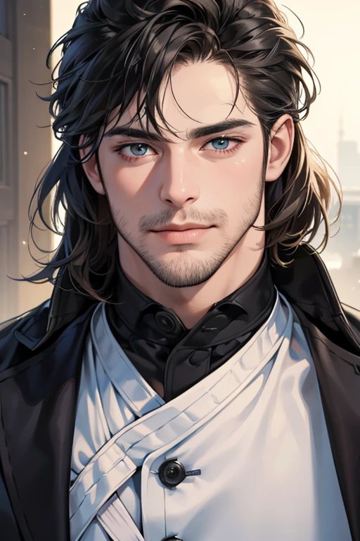(best quality,4k,8k,highres,masterpiece:1.2),ultra-detailed,(realistic,photorealistic,photo-realistic:1.37),30 year old man,3 day beard,handsome anime,portraits,strong,masculine,dark hair,sharp jawline,mesmerizing eyes,perfectly styled hair,cool anime outfit,confident expression,vibrant colors,dynamic lighting, CEO and expression smile in love.