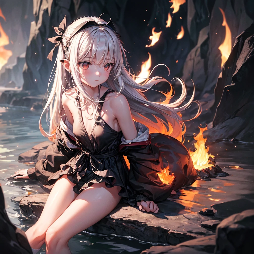 (best qualityer, work of art),  (1 girl, alone, swimsuit wear, expression face, looking away, sitting, baggy socks, eyes black, cloused mouth, Ribbon-shaped fire on the head, shorth hair, cowboy shot), (monochrome, Night sky at cave entrance , light rising from the bottom, inside a cave, Floating glowing bunch of white particles, Burning fire at hand, Floating many small fires),