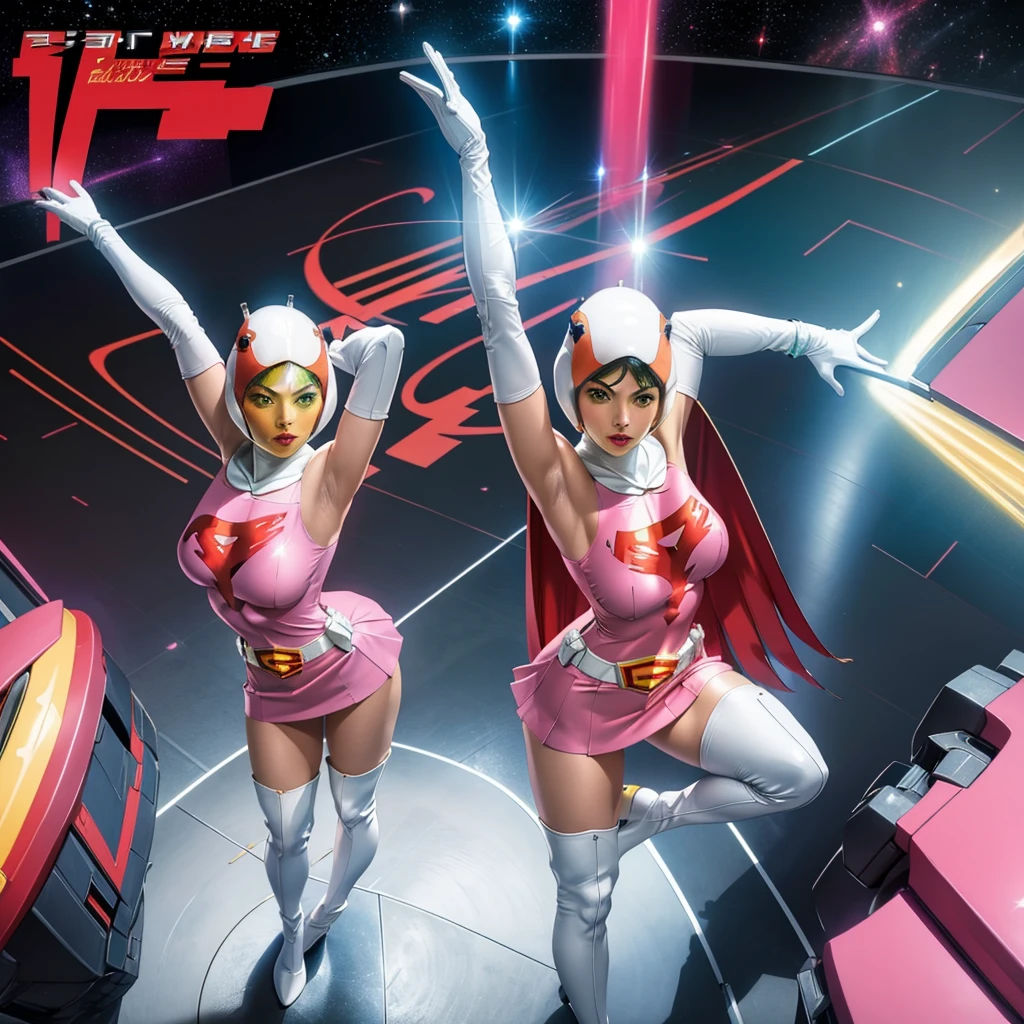 ANI_CLASSIC_jun_gatchaman_ownwaifu,1girl, 15 years old,good anatomy, masterpiece, best quality,realistic, hyperrealistic, 16k hdr,breasts,green eyes,lips,large breasts,lipstick,makeup,gloves,cape,helmet,belt,elbow gloves,white gloves,mask,ultra miniskirt,leotard,spacesuit,white tight overknee highheels boots,pink dress,superhero,bodysuit,cleavage,erected nipples,((standing pose,spread legs, arms up straight)),cameltoe