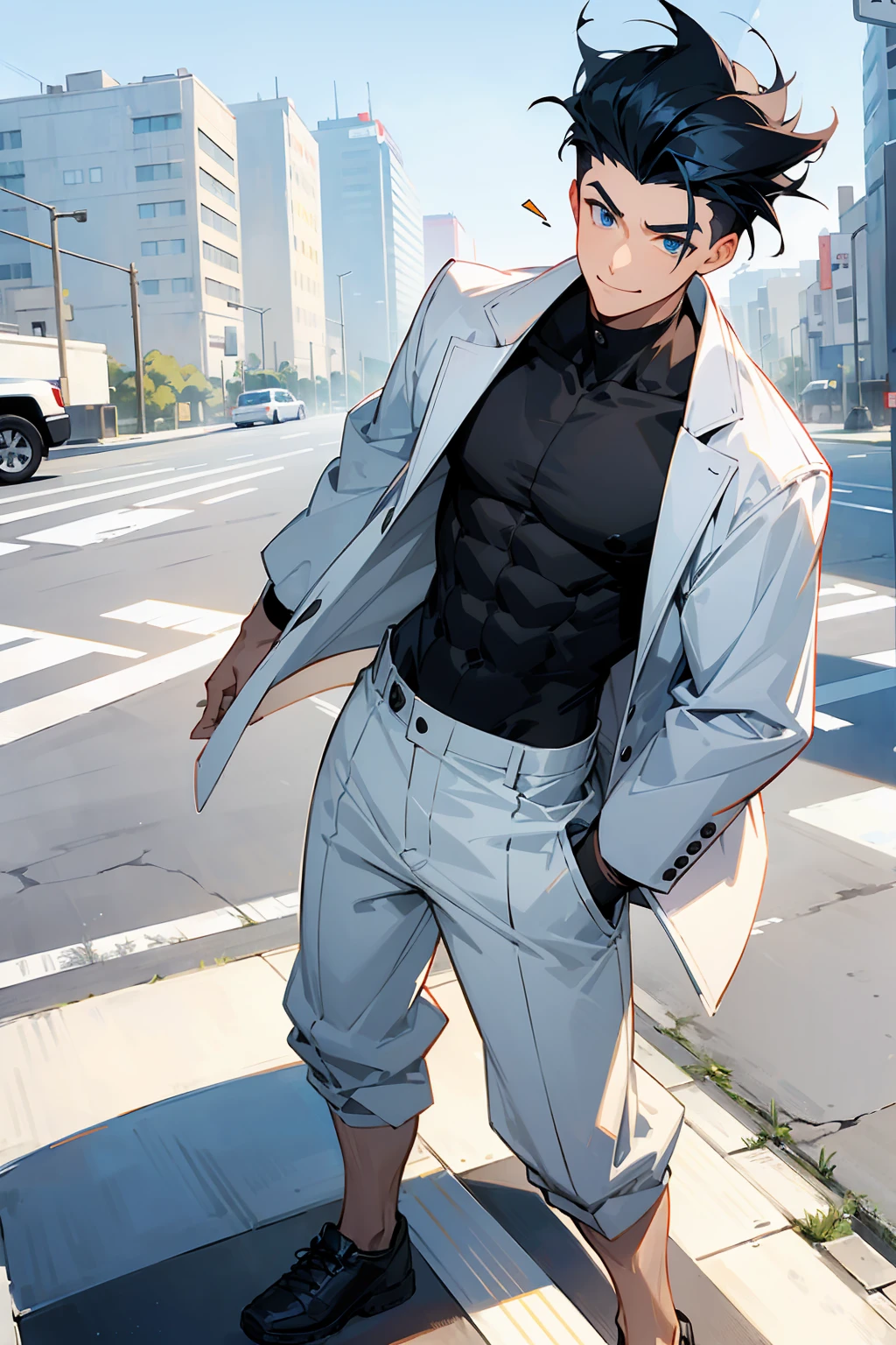 1male , Black Hair , Happy expression , muscular , white jacket , blue eyes , modern city background , standing on sidewalk , modern undercut hair , messy hair , Happy Expression