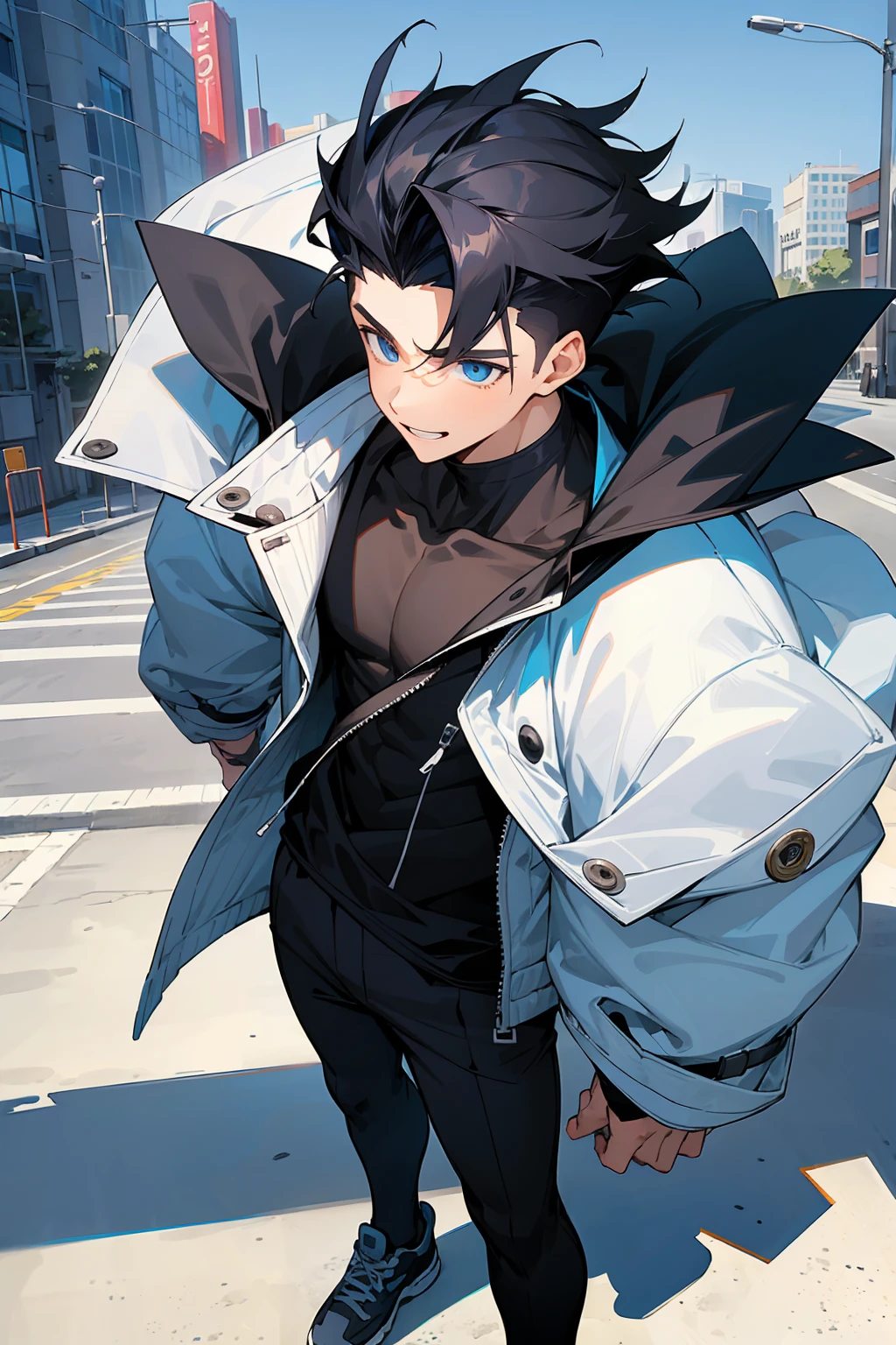 1male , Black Hair , Happy expression , muscular , white jacket , blue eyes , modern city background , standing on sidewalk , modern undercut hair , messy hair , Happy Expression