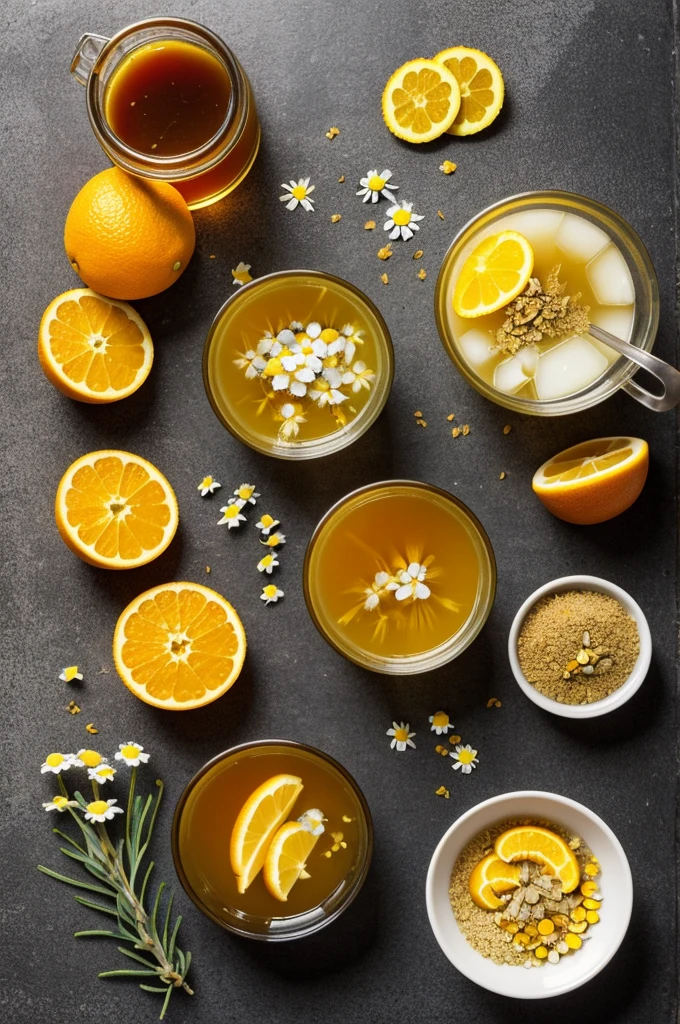 Hemollient drink, airfield, chamomile, Orange , Luisa boils , Honey , Piña , Cat's claw