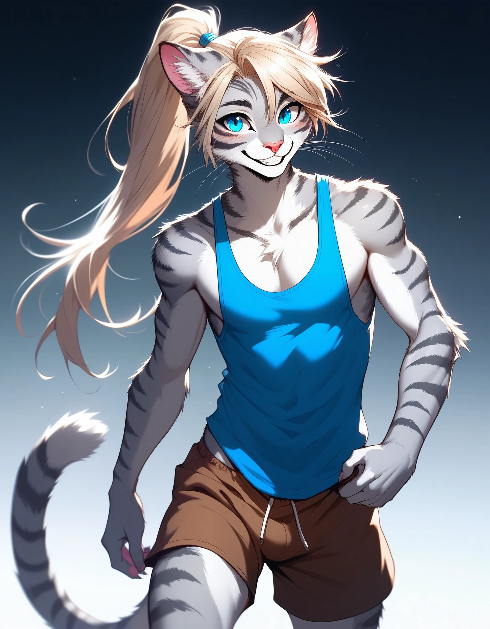 Solo, score_9,score_8_up,score_7_up, source_furry, (Kat, Anthro furry feline male, adult male, silver fur with grey stripes, athletic body, blue eyes, long blonde hair, hair in a ponytail:1.2, :3, pink nose, wearing blue tank top, brown shorts, standing, smiling, feline teeth, blushing 