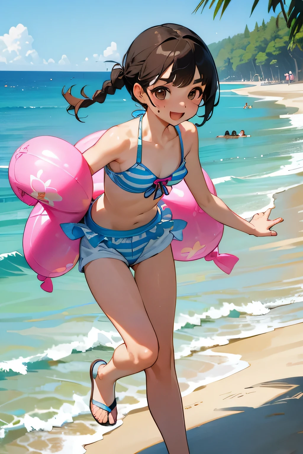 Highest quality、High resolution、Detailed Background、(Beautiful face in every detail:1.4)、Anatomically correct、Hide your fingers、(Detailed facial expressions)、 beauty、(Highly detailed face:1.4)、cute hair color、Brown Hair、Black Hair、Braided bob cut、Braided Ponytail、Braided twin tails、well-groomed eyebrows、A big smile、Uplifting、Cute gestures、A fun atmosphere、
Summer sun、Shining Sea、Small footprint、Walking on the beach、
Enjoy splashing around on the shore、Take off your sandals and jump into the sea、Running around holding hands with friends、
The sea breeze makes my heart feel light、Smiling and innocent play、Endless blue sky and sea、Everlasting summer memories、
(Two girls playing innocently on the beach:1.5)、
Vivid color frill bikini、Cute frilled bikini、We recommend vivid colors such as bright pink and blue.、
Striped one-piece swimsuit、Sporty and casual atmosphere、Short length or A-line style、
Ribbon design tankini、Tankini with ribbon on the tank top、It is both cute and sporty.、Pair your bottoms with shorts、
Bikini with flower print、Floral and tropical bikinis、A glamorous and feminine impression、Even though the design is simple, the pattern creates a cute look.、cute