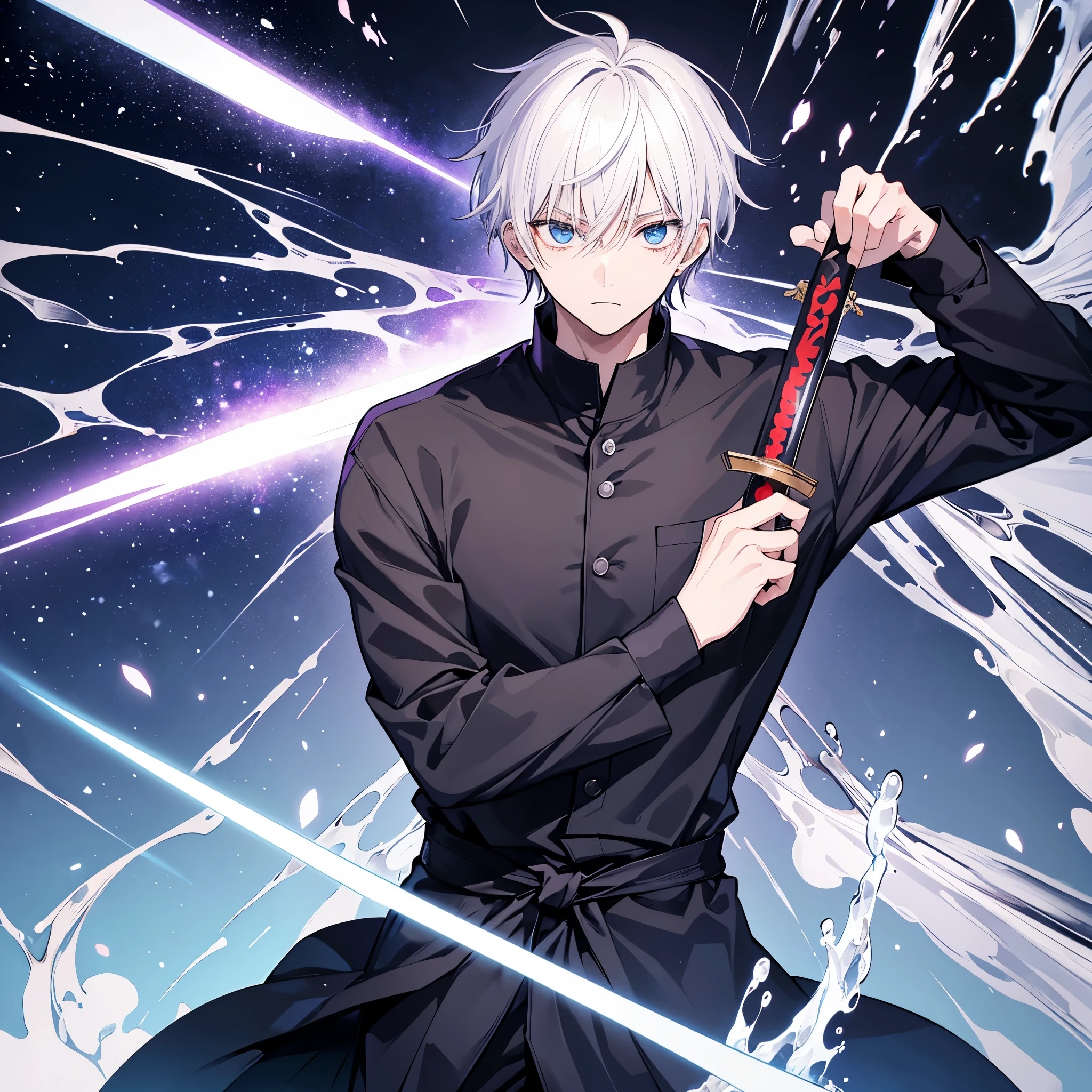 create a black Jujutsu no kaisen manga style image with a young male character extremely similar to Gaku from the Sakamoto Days manga, ele tem cabelo curto fe cor ciano claro e um capuz azul escuro quase preto, e olhos pretos, He wears red earrings and he is holding a heavy sword, he is extremely handsome and stylish, a imagem detalha bem ele, he is anime style.