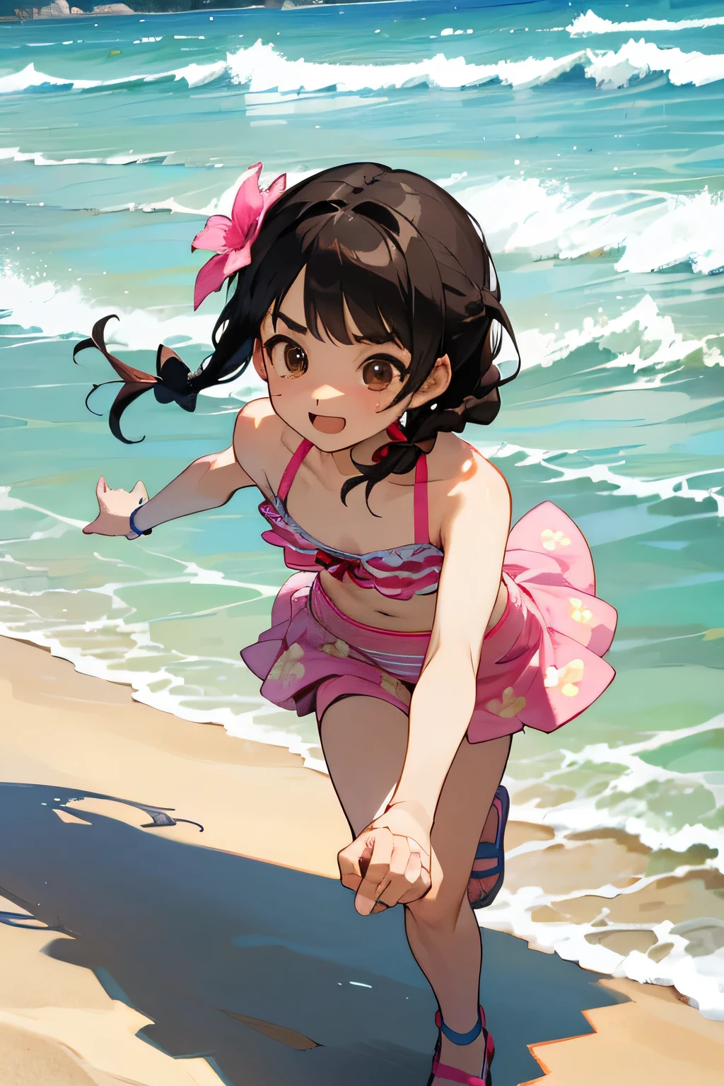 Highest quality、High resolution、Detailed Background、(Beautiful face in every detail:1.4)、Anatomically correct、Hide your fingers、(Detailed facial expressions)、age beauty、(Highly detailed face:1.4)、cute hair color、Brown Hair、Black Hair、Braided bob cut、Braided Ponytail、Braided twin tails、well-groomed eyebrows、A big smile、Uplifting、Cute gestures、A fun atmosphere、
Summer sun、Shining Sea、Small footprint、Walking on the beach、
Enjoy splashing around on the shore、Take off your sandals and jump into the sea、Running around holding hands with friends、
The sea breeze makes my heart feel light、Smiling and innocent play、Endless blue sky and sea、Everlasting summer memories、
(Two girls playing innocently on the beach:1.5)、
Vivid color frill bikini、Cute frilled bikini、We recommend vivid colors such as bright pink and blue.、
Striped one-piece swimsuit、Sporty and casual atmosphere、Short length or A-line style、
Ribbon design tankini、Tankini with ribbon on the tank top、It is both cute and sporty.、Pair your bottoms with shorts、
Bikini with flower print、Floral and tropical bikinis、A glamorous and feminine impression、Even though the design is simple, the pattern creates a cute look.、cute