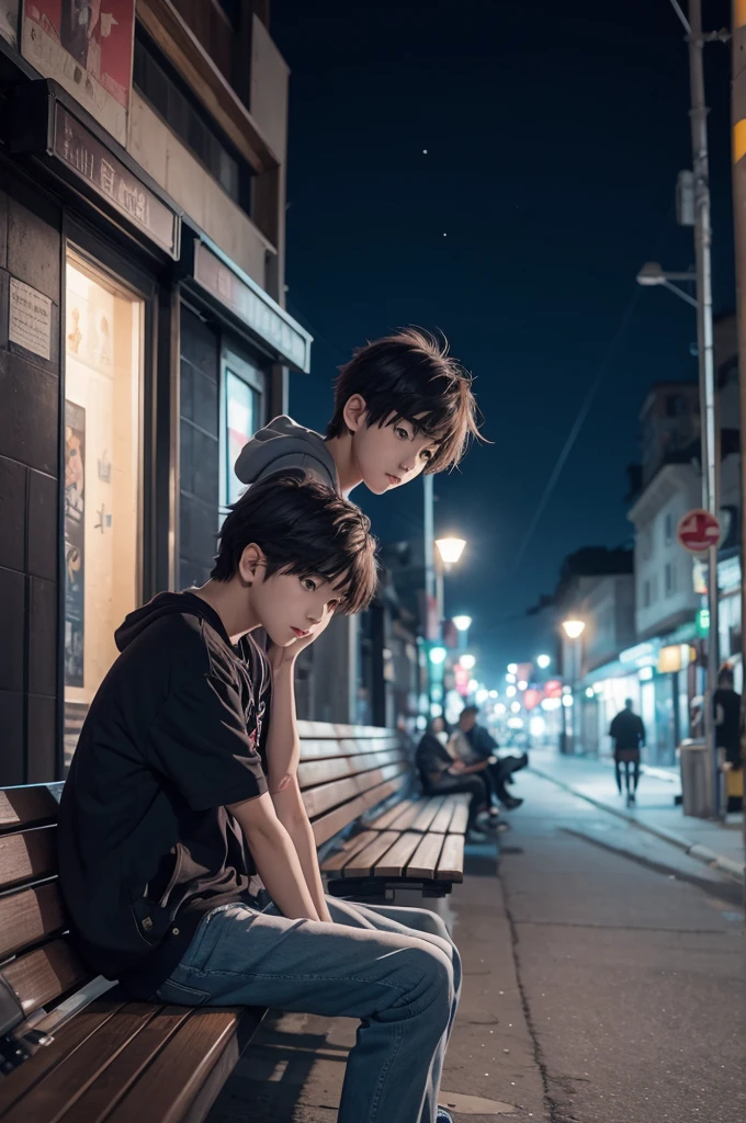 A boy alone on a bench one night, while several people pass by him, style of anime