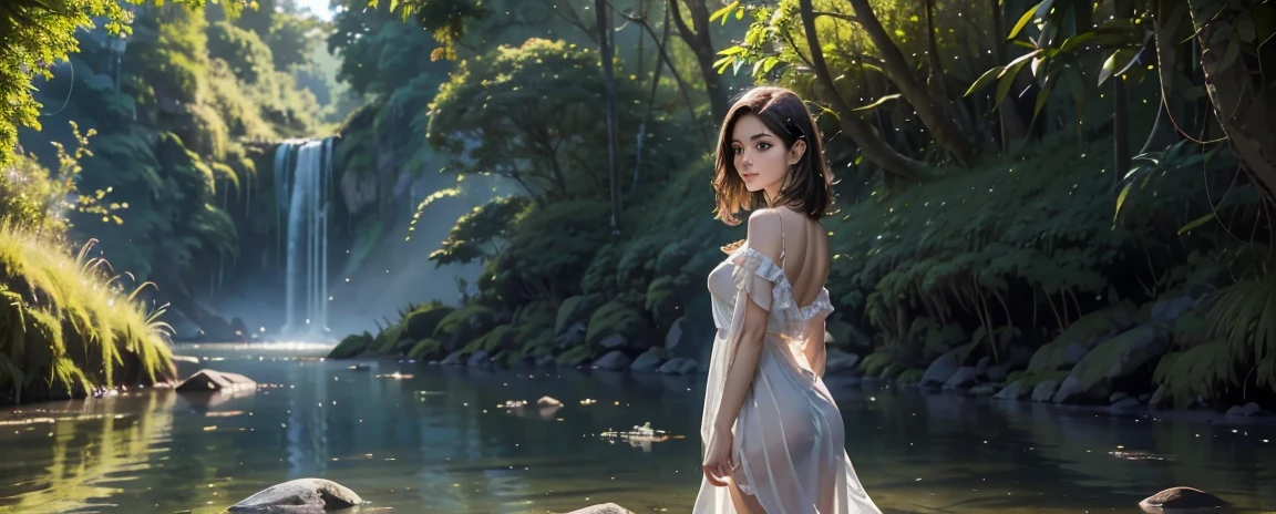 (masterpiece), (realistically), (Best quality), young beautiful girl adventurer,face to screen, minimum clothing, mystical forest, in the clearing, clearing in the sun, lagoon, dreamy scene, National Geographic, in a serene landscape, Mystical scene, Mysterious lake, Beautiful jungle, mystical setting, Beautiful setting, Tranquil environment, early morning light, Awesome atmosphere, Morning River, enchanting and otherworldly, lost in a dreamy fairytale landscape, many colors, colorful birds, jaguar next to a girl