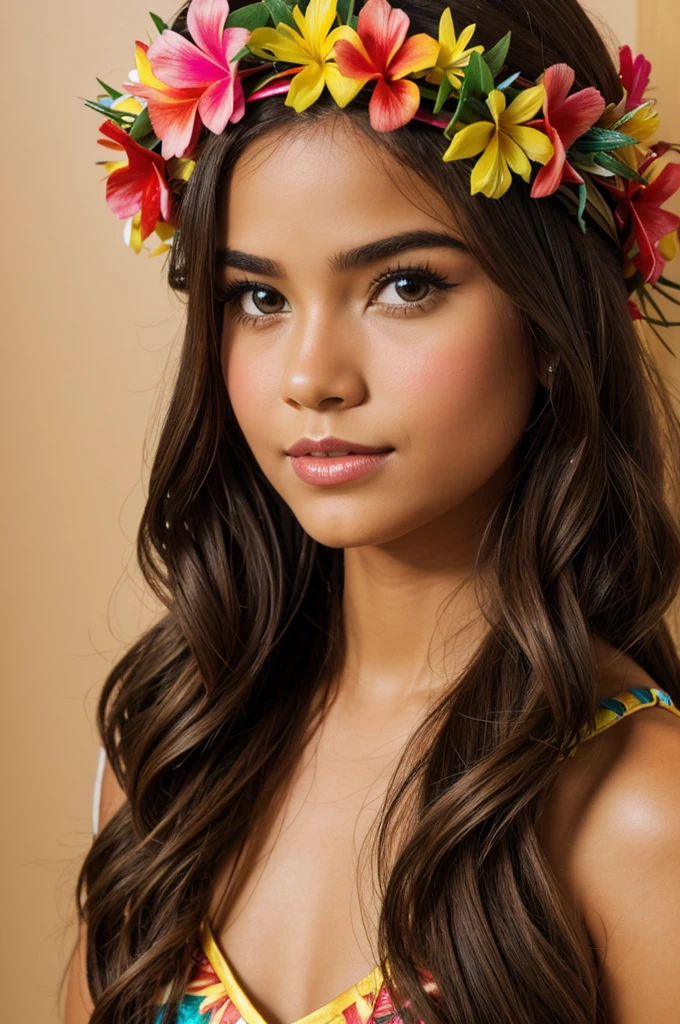 Create a girl with Hawaiian crowns and decorations
