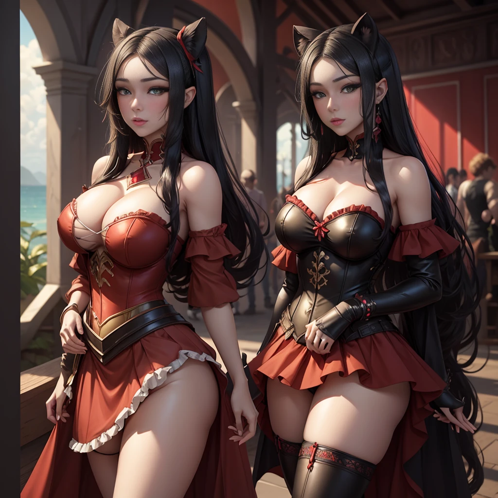 digital art ,fantasy art , Concept art , red hue , Mia: She has long, sleek black hair and green eyes. She's wearing a red and black corset that accentuates her large chest, with a short, frilled skirt and thigh-high stockings. Her teddy bear is black with a red bow, matching her outfit.