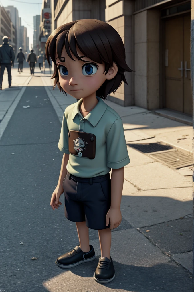 But on the street abandoned with a sad expression and people passing by and not paying attention animation style