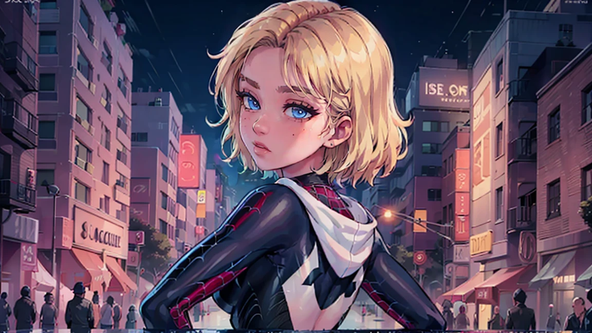 (work of art),best qualityer, blue colored eyes, medium breasts, average ass, sultry eyes, view from the top, gazing at viewer, 8K, high qualiy , highly-detailed eyes, cyber realism, gorgeous eyes, realisitic, dslr, Cabelos de high qualiy,, sensuous, nocturne background,em cima de um prédio, iluminação dinâmica, iluminação lateral, iluminação de aro, gwen stacy, spider-gwen, spidergirl, posando para foto, pose dinâmica, spiderman pose
