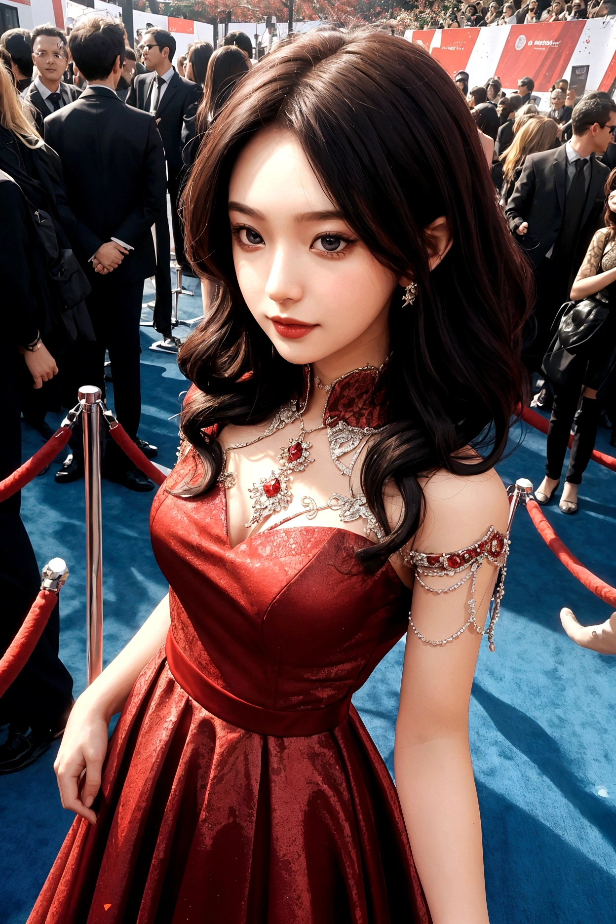 1 woman, 1 man, ideal , dress, Red carpet background, couple, Instagram Filter,