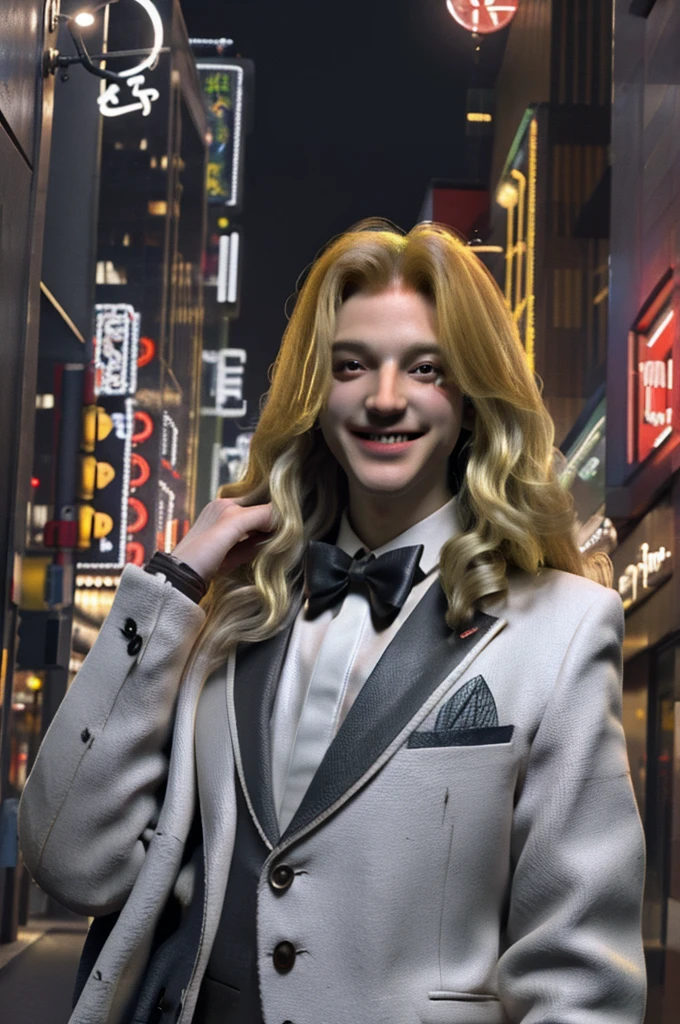 A grinning man in a suit with long blonde hair calling out to me in the downtown area at night