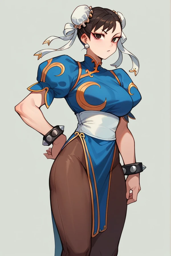 The eyes are slanted。The breasts are firm 。The costume is Chun-Li costume。The hairstyle is a Chinese bun.