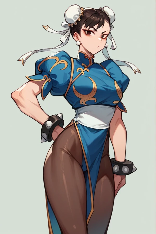 The eyes are slanted。The breasts are firm 。The costume is Chun-Li costume。The hairstyle is a Chinese bun.