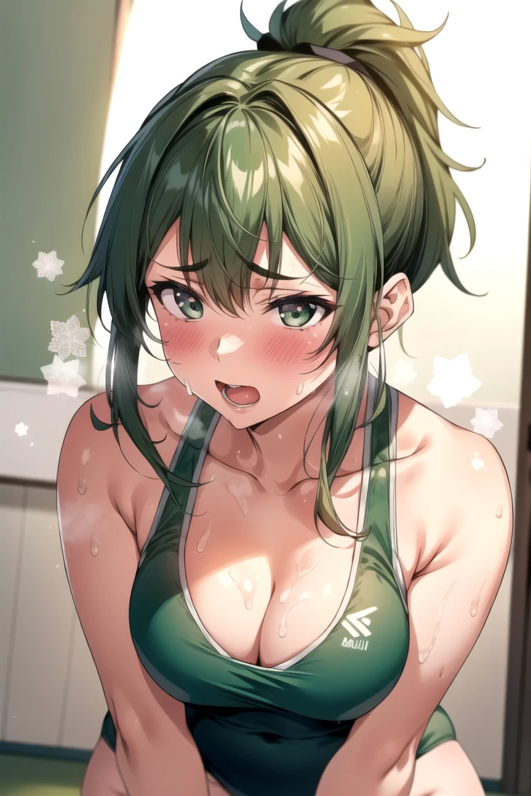 8K, 1 Girl,green \(Several\), ponytail, White school swimsuit、、((Sweating all over the body)),Cleavage, detailed judo hall , She bent over.&#39;Not wearing panties