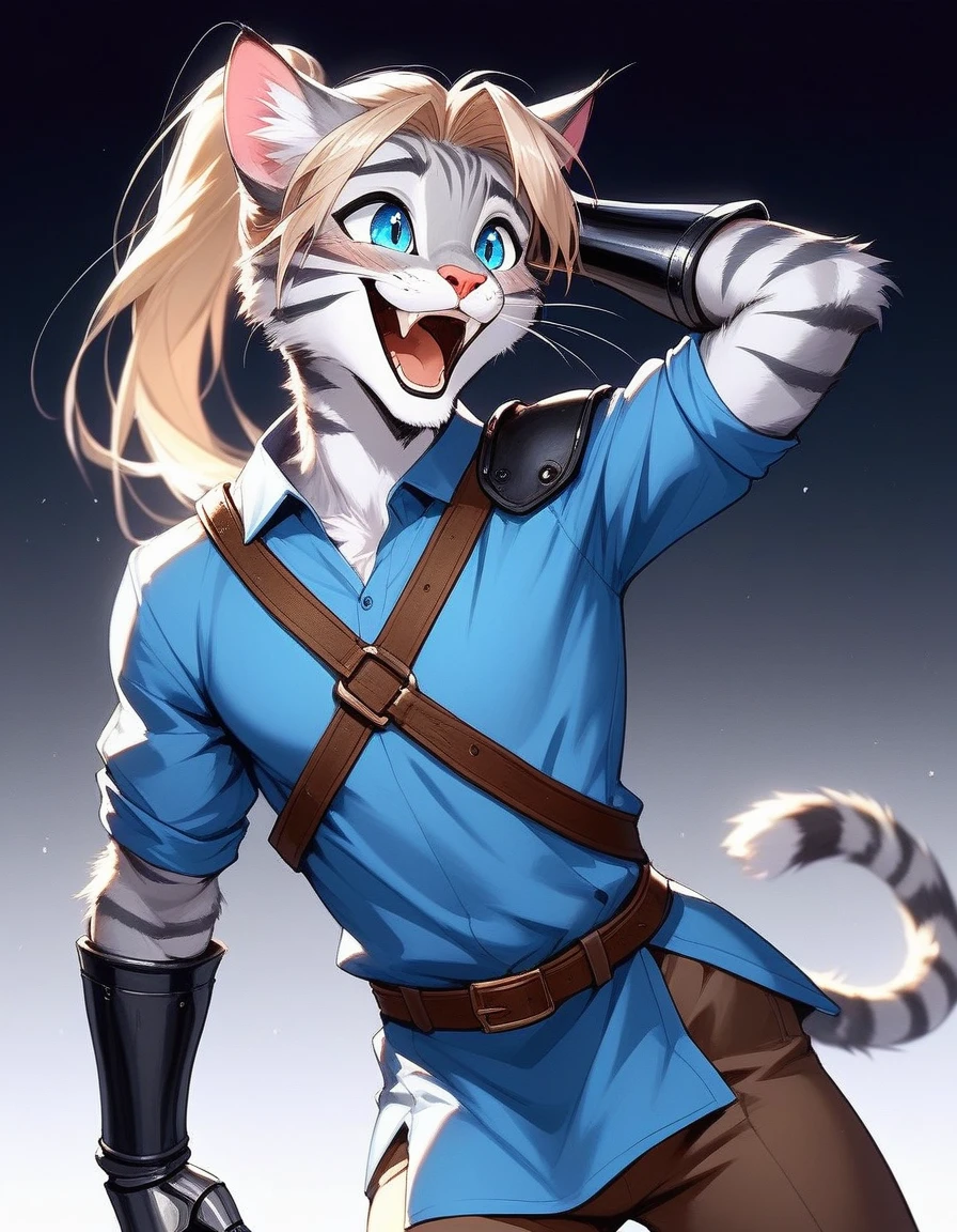 Solo, score_9,score_8_up,score_7_up, source_furry, (Kat, Anthro furry feline male, adult male, silver fur with grey stripes, athletic body, blue eyes, long blonde hair, hair in a ponytail:1.2, :3, pink nose, wearing blue tunic, brown belt, brown pants, adventuring gear, leather gauntlets, silver pauldrons on shoulders, standing, laughing, mouth open, feline teeth, blushing, one hand behind head,
