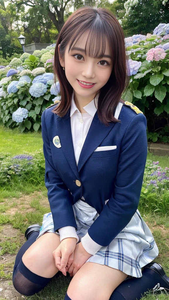 (8k, Raw photo, highest quality, masterpiece:1.2), masterpiece, highest quality, figure, Very detailed, Fine details, High resolution, 8k,wallpaper, Perfect dynamic composition,(Detailed high quality, Realistic depiction of eyes), (1 high school girl)、 (uniform、blazer 、Super Short Check Uniform Skirt、Navy blue knee-high socks、Disheveled uniform:1.2), very Short Hair,pixie hair, Black hair color, hugeな胸, Big Natural Color Lip, Bold sexy pose, (Perfect figure), Cold Stare, Beautiful Makeup,Glitter makeup,The cutest 18 year old, Beautiful feet, Gravure idol pose, Voluptuous thighs、((Big eyes that shine like jewels))、Glossy glossy skin、(Droopy big eyes, Natural Makeup、Ultra-high definition beauty face:1.35)、(Ultra high resolution perfect beautiful teeth, Mid-chest, Tight waist, toothy big smile,sharp face line,Dimples,medium breasts,slender waist:1.25)、Young and cute gravure idol、(sitting in the field of hydrangeas:1.25)、