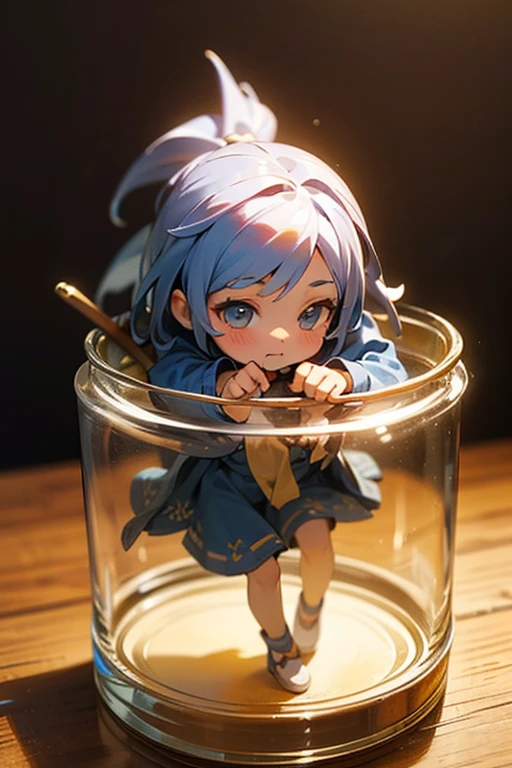 3D-illustration of a very cute girl figure in a jar, Masterpiece((must)), Palm-sized, cute, The face is dense((must)), tiny miniature