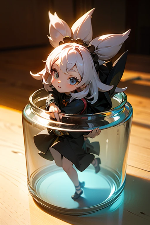 3D-illustration of a very cute girl figure in a jar, Masterpiece((must)), Palm-sized, cute, The face is dense((must)), tiny miniature