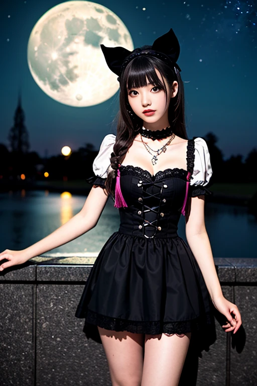 Cute 18 year old Japanese girl,Military ta、chain accessories、Gothic Lolilack dress with pink lines、Demon World、Night view、full moon、Kibaara