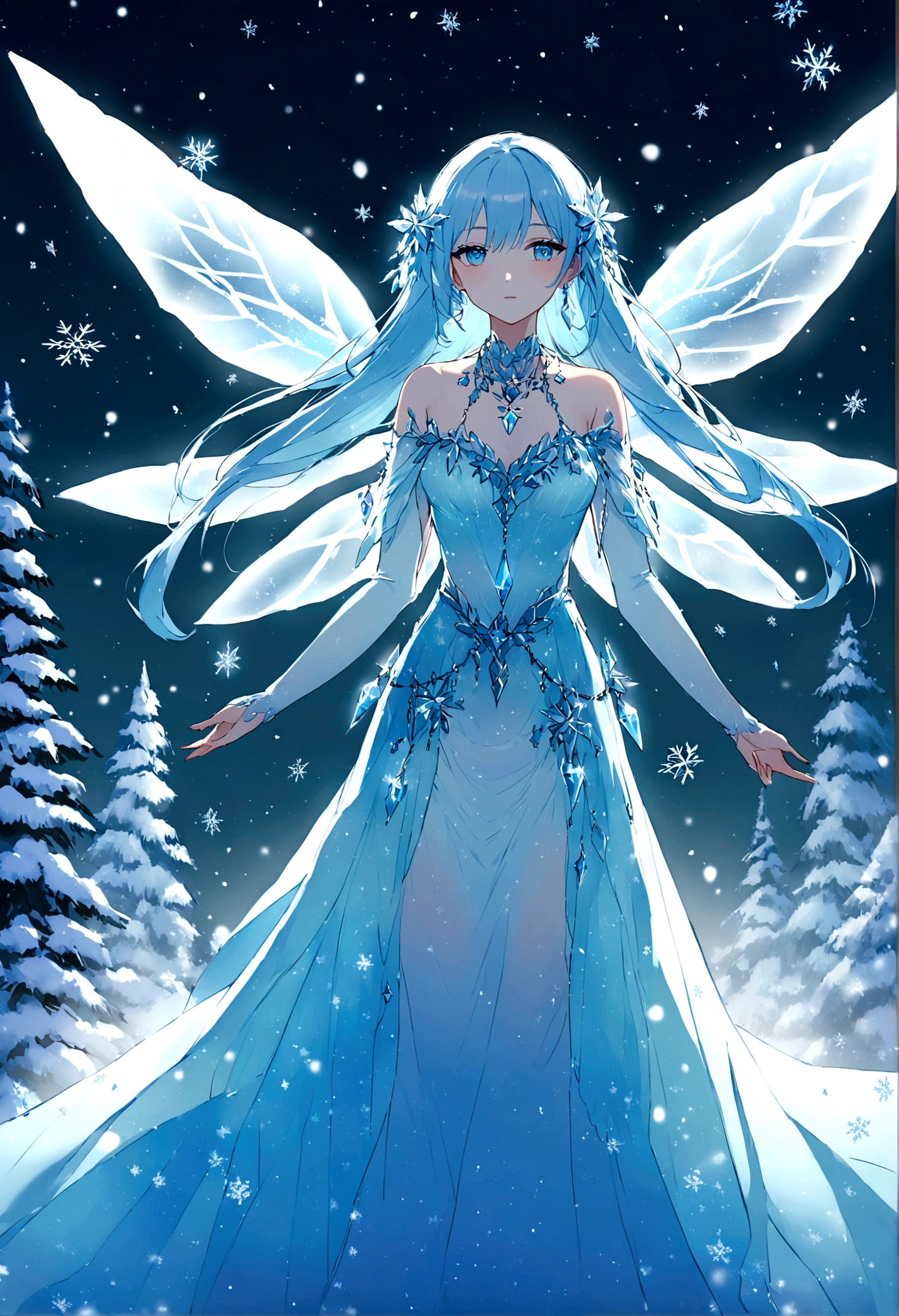 Imagine a graceful ice fairy with a detailed and enchanting design. She has delicate, translucent wings that shimmer like frosted glass, catching the light and scattering it in a spectrum of icy hues. Her skin is a pale, almost ethereal blue, with intricate patterns resembling snowflakes subtly etched into her complexion. Her hair flows like liquid silver, cascading down her back and occasionally catching the light to sparkle like freshly fallen snow. She wears a gown made of fine, crystalline fabric that glistens with every movement, adorned with tiny, glimmering ice crystals that seem to grow and change shape with her emotions. The dress flows effortlessly, reminiscent of a frozen waterfall, and the hemline is adorned with frost-covered flowers that never wilt. Her eyes are a piercing ice blue, capable of seeing through the coldest blizzards and into the hearts of those she encounters. She carries a slender staff made of enchanted ice, topped with a glowing, multifaceted crystal that channels her frosty magic. Around her neck, she wears a pendant shaped like a tiny snowflake, an ancient relic that amplifies her powers and connects her to the spirit of winter. Every movement she makes leaves a trail of frost in the air, and when she speaks, her voice has a melodic, almost otherworldly quality, like the tinkling of ice chimes in a winter breeze. Her presence brings a serene, icy beauty to any landscape, turning even the harshest winter scenes into breathtaking displays of nature's artistry.