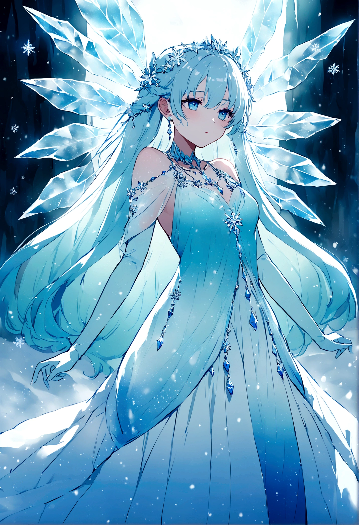 Imagine a graceful ice fairy with a detailed and enchanting design. She has delicate, translucent wings that shimmer like frosted glass, catching the light and scattering it in a spectrum of icy hues. Her skin is a pale, almost ethereal blue, with intricate patterns resembling snowflakes subtly etched into her complexion. Her hair flows like liquid silver, cascading down her back and occasionally catching the light to sparkle like freshly fallen snow. She wears a gown made of fine, crystalline fabric that glistens with every movement, adorned with tiny, glimmering ice crystals that seem to grow and change shape with her emotions. The dress flows effortlessly, reminiscent of a frozen waterfall, and the hemline is adorned with frost-covered flowers that never wilt. Her eyes are a piercing ice blue, capable of seeing through the coldest blizzards and into the hearts of those she encounters. She carries a slender staff made of enchanted ice, topped with a glowing, multifaceted crystal that channels her frosty magic. Around her neck, she wears a pendant shaped like a tiny snowflake, an ancient relic that amplifies her powers and connects her to the spirit of winter. Every movement she makes leaves a trail of frost in the air, and when she speaks, her voice has a melodic, almost otherworldly quality, like the tinkling of ice chimes in a winter breeze. Her presence brings a serene, icy beauty to any landscape, turning even the harshest winter scenes into breathtaking displays of nature's artistry.