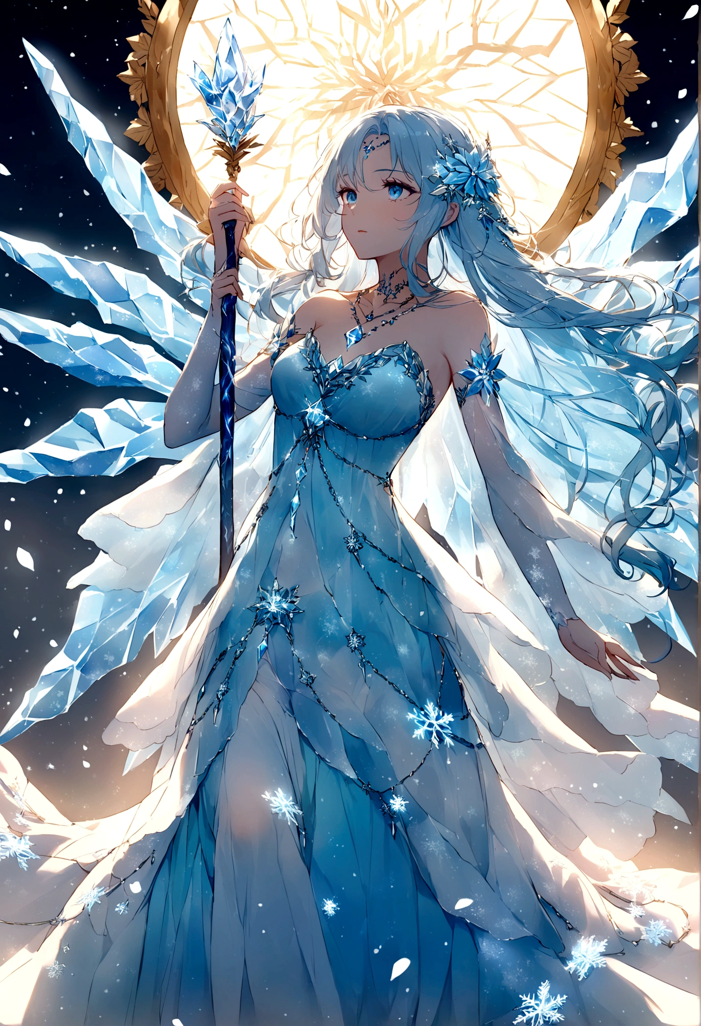 Imagine a graceful ice fairy with a detailed and enchanting design. She has delicate, translucent wings that shimmer like frosted glass, catching the light and scattering it in a spectrum of icy hues. Her skin is a pale, almost ethereal blue, with intricate patterns resembling snowflakes subtly etched into her complexion. Her hair flows like liquid silver, cascading down her back and occasionally catching the light to sparkle like freshly fallen snow. She wears a gown made of fine, crystalline fabric that glistens with every movement, adorned with tiny, glimmering ice crystals that seem to grow and change shape with her emotions. The dress flows effortlessly, reminiscent of a frozen waterfall, and the hemline is adorned with frost-covered flowers that never wilt. Her eyes are a piercing ice blue, capable of seeing through the coldest blizzards and into the hearts of those she encounters. She carries a slender staff made of enchanted ice, topped with a glowing, multifaceted crystal that channels her frosty magic. Around her neck, she wears a pendant shaped like a tiny snowflake, an ancient relic that amplifies her powers and connects her to the spirit of winter. Every movement she makes leaves a trail of frost in the air, and when she speaks, her voice has a melodic, almost otherworldly quality, like the tinkling of ice chimes in a winter breeze. Her presence brings a serene, icy beauty to any landscape, turning even the harshest winter scenes into breathtaking displays of nature's artistry.