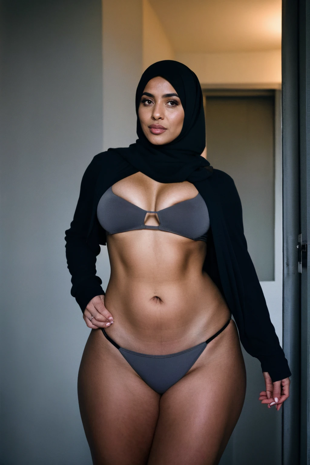 RAW photo,dark,moody,hazy atmosphere,35mm focal lenght,underexposed,cold,candid photograph,artistic,full body,photo of a beautiful,influencer,30yo Arab woman,hijab,detailed skin,fully naked,looking at viewer, thick body structure,grey background,no background, candid pose,dim room,blue light, film grain, kodak color, instagram LUT