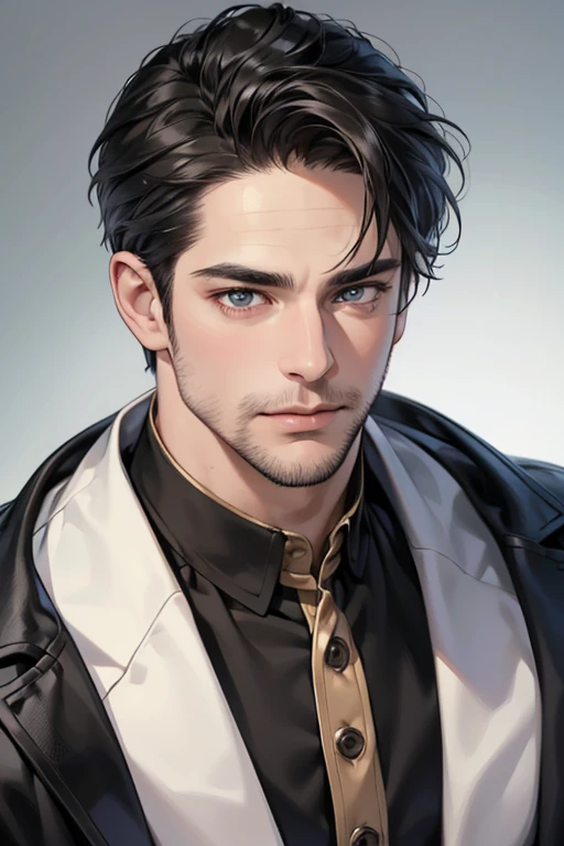 (best quality,4k,8k,highres,masterpiece:1.2),ultra-detailed,(realistic,photorealistic,photo-realistic:1.37),30 year old man,3 day beard,handsome anime,portraits,strong,masculine,dark hair,sharp jawline,mesmerizing eyes,perfectly styled hair,cool anime outfit,confident expression,vibrant colors,dynamic lighting, CEO and expression smile in love.